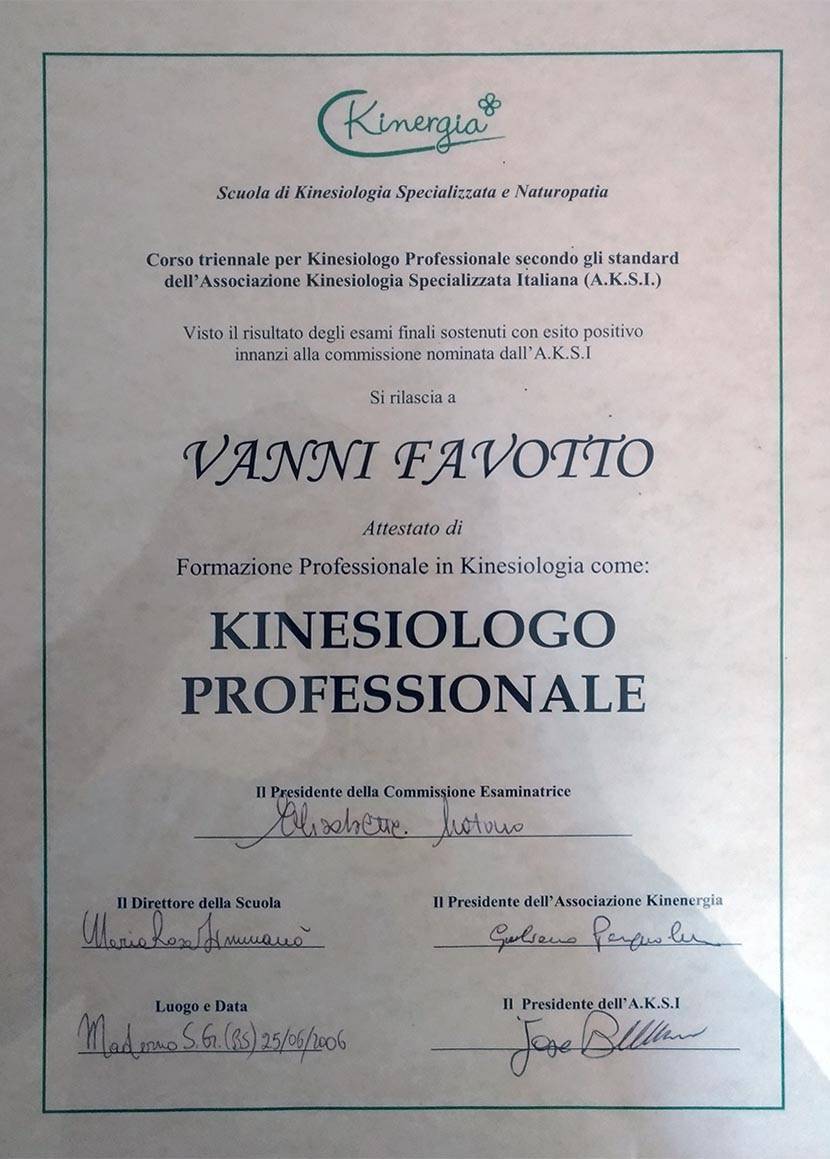 Vanni Favotto Diploma Kinesiologo